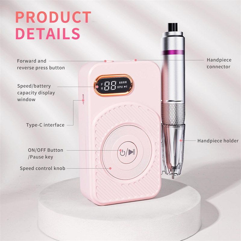 Beakey Electric Nail Drill Machine Set Portable Nail Grinder for Acrylic Gel Nail-Pink