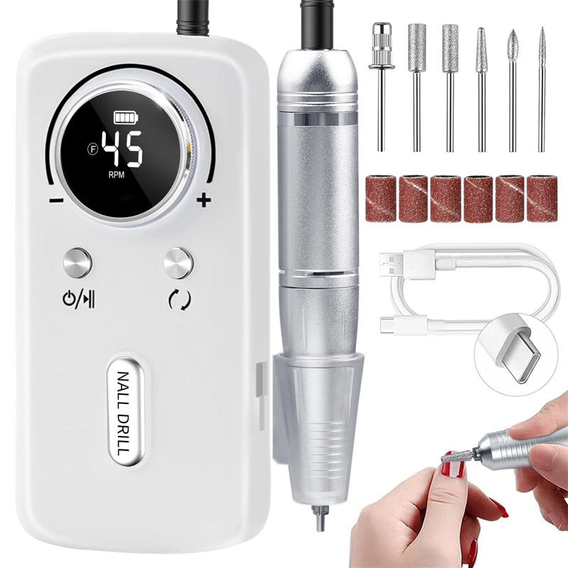 Beakey Cordless Electric Nail Drill Kit Portable Low Noise Nail File for Acrylic Gel Nails-White