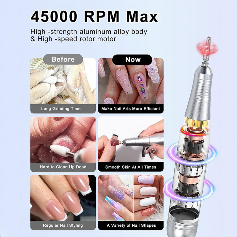 Beakey Cordless Electric Nail Drill Kit Portable Low Noise Nail File for Acrylic Gel Nails-White