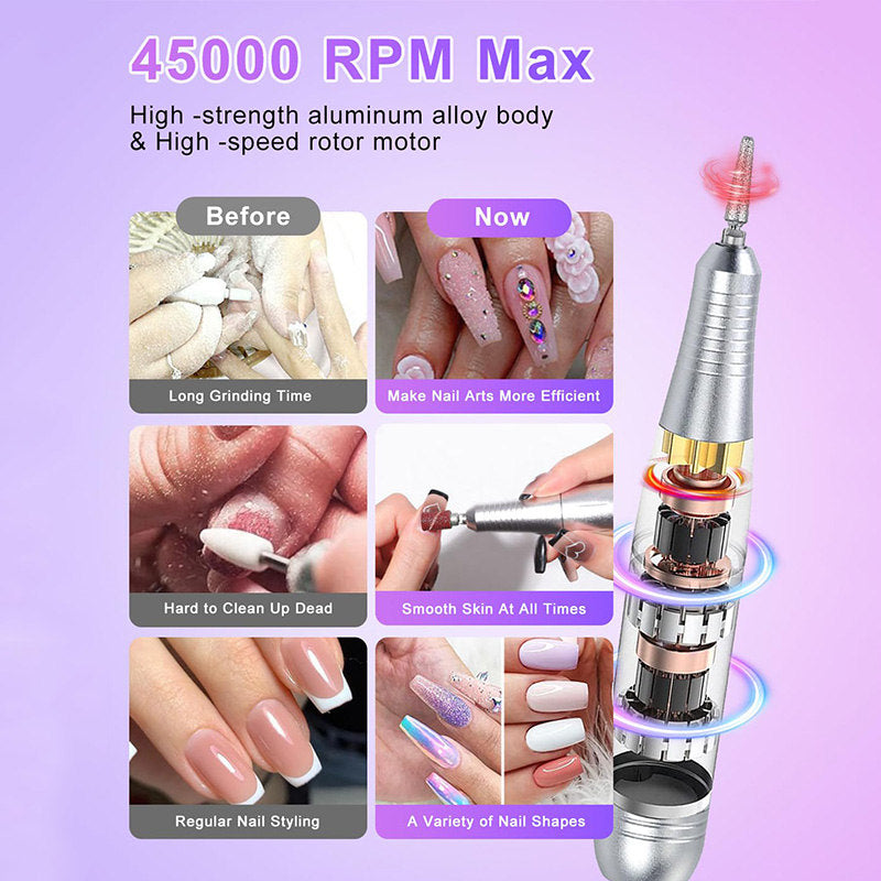 Beakey Cordless Electric Nail Drill Kit Portable Low Noise Nail File for Acrylic Gel Nails-Purple