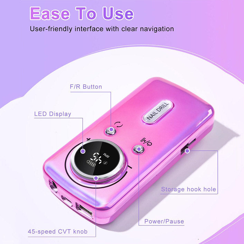 Beakey Cordless Electric Nail Drill Kit Portable Low Noise Nail File for Acrylic Gel Nails-Purple