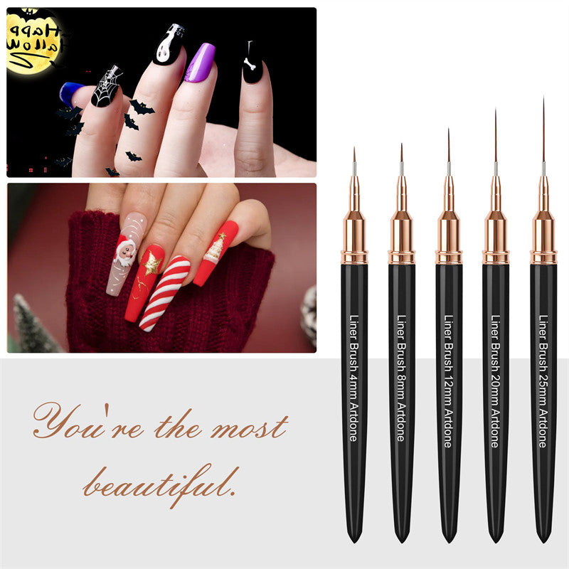 Beakey 5Pcs Metallic Nail Art Pens Set 4/8/12/20/25mm Liner Brushes Nail Art Detail Painting Tool-Black