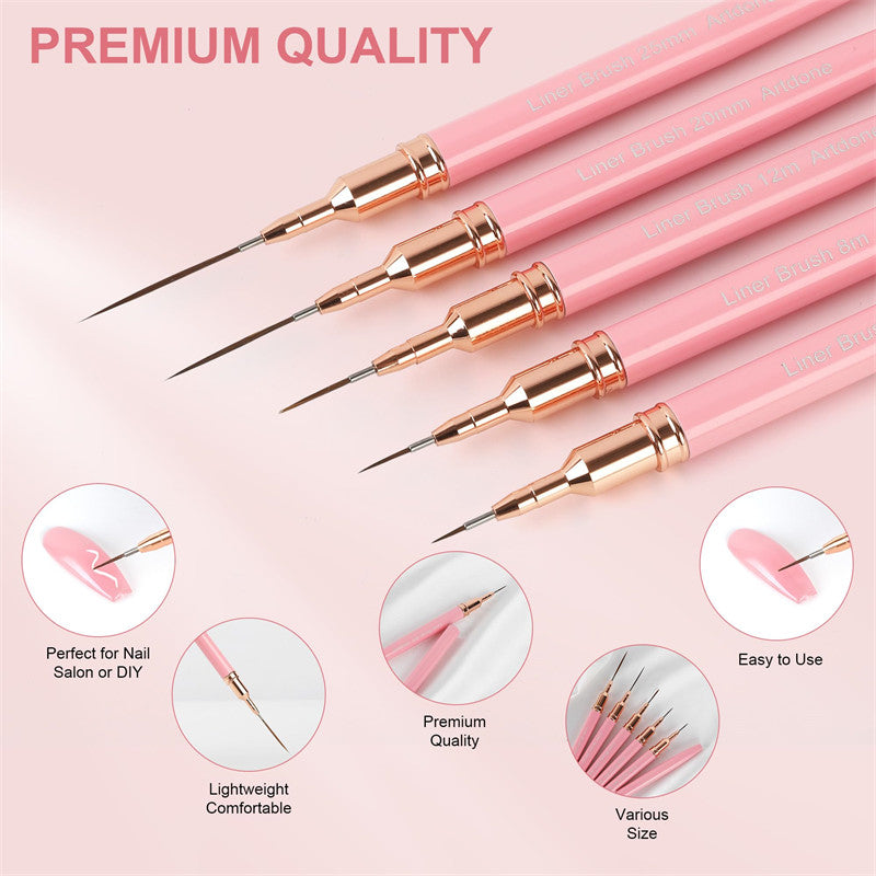 Beakey 5Pcs Metallic Nail Art Pens Set 4/8/12/20/25mm Liner Brushes Nail Art Detail Painting Tool-Pink