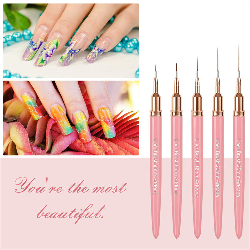 Beakey 5Pcs Metallic Nail Art Pens Set 4/8/12/20/25mm Liner Brushes Nail Art Detail Painting Tool-Pink