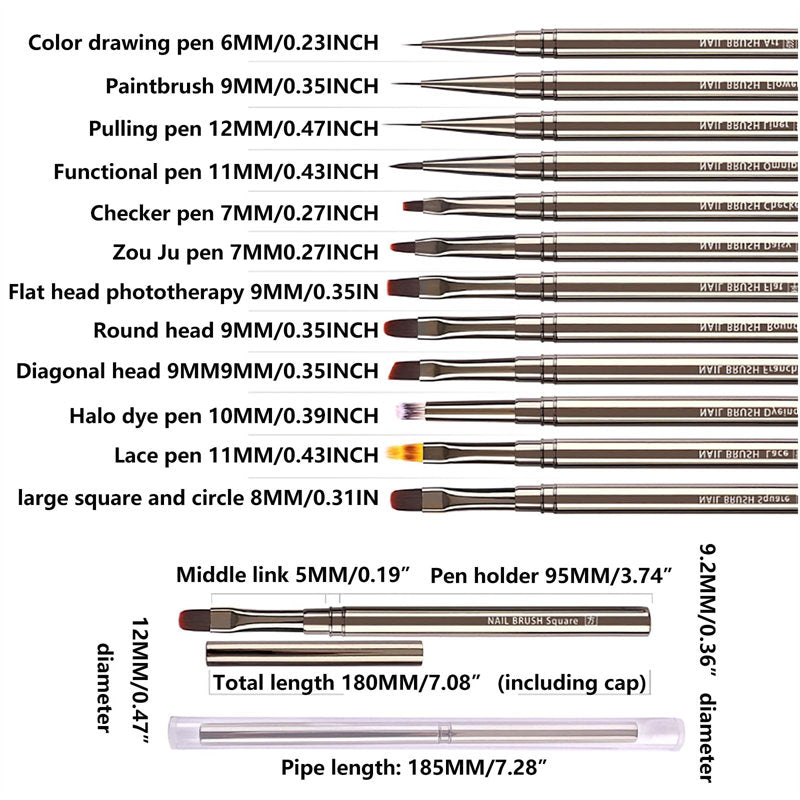 Beakey 12Pcs Nail Art Brushes Set Metal Handle Single PVC Tube Package for Salon Home Use