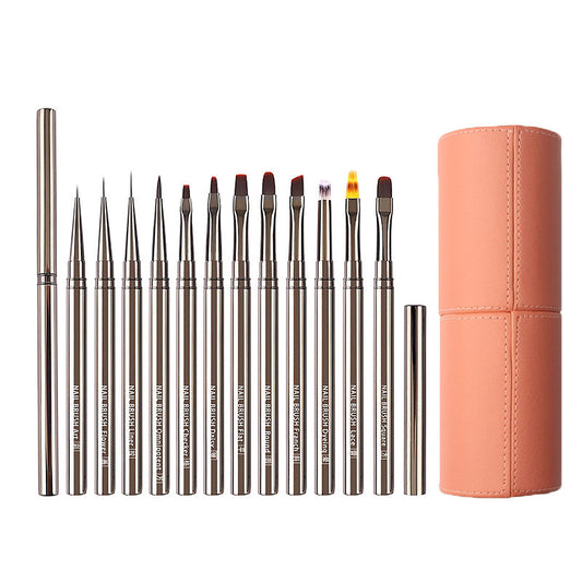 Beakey 12Pcs Nail Art Brushes Set Metal Handle with Snap-on Leather Bucket for Salon Home Use
