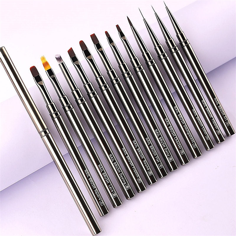 Beakey 12Pcs Nail Art Brushes Set Metal Handle with Snap-on Leather Bucket for Salon Home Use