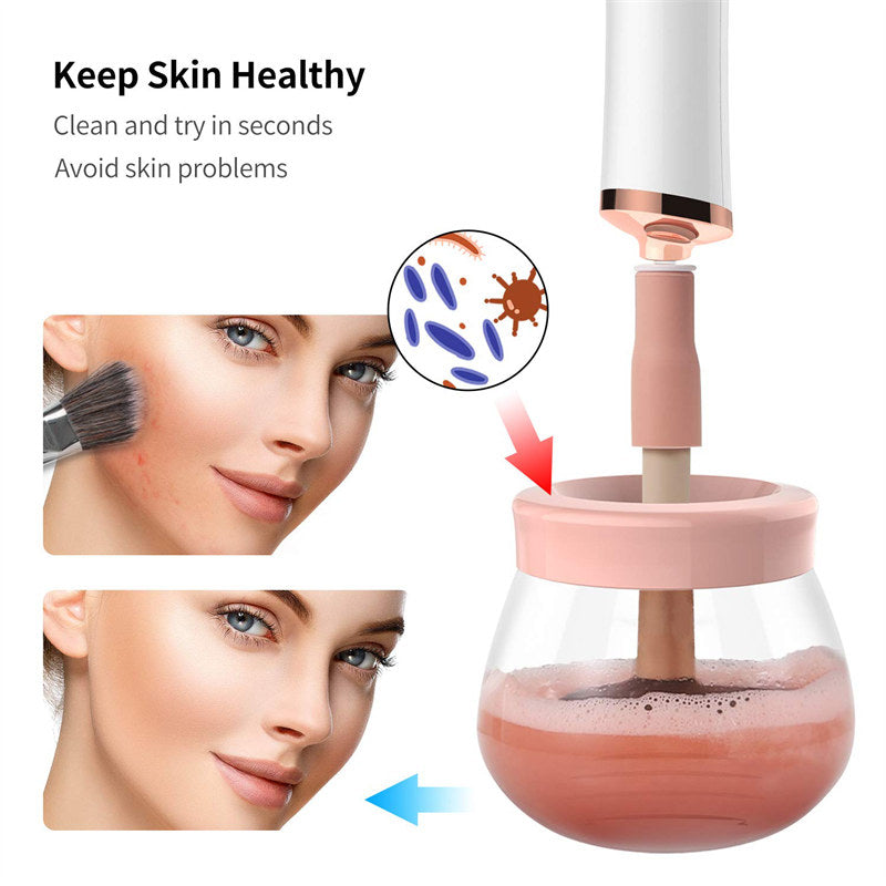 Beakey Makeup Brush Cleaner Electric Cosmetic Automatic Brush Spinner with 8 Size Rubber Collars-Pink