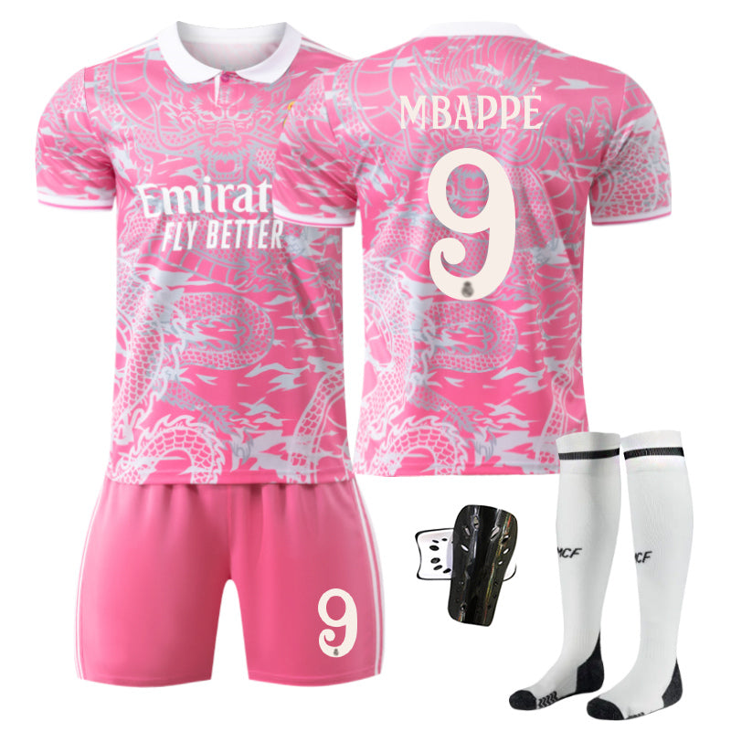 Beakey Real Madrid Dragon Patterned Pink Jersey MBAPPE #9 Soccer Jersey Kids Adult 4Pcs Jersey Kits