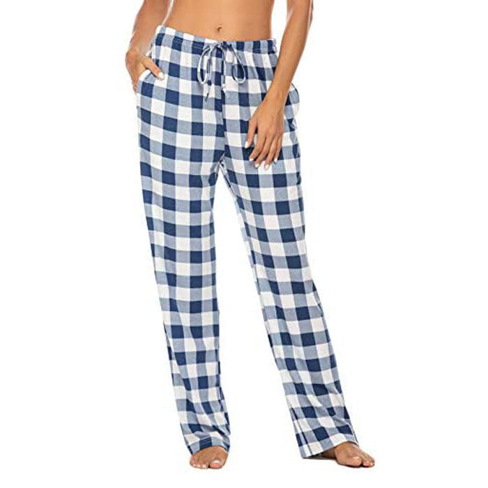 Beakey Women Lounge Pants Comfy Pajama Bottom Stretch Plaid Drawstring Bottoms Pants-Blue-SP127