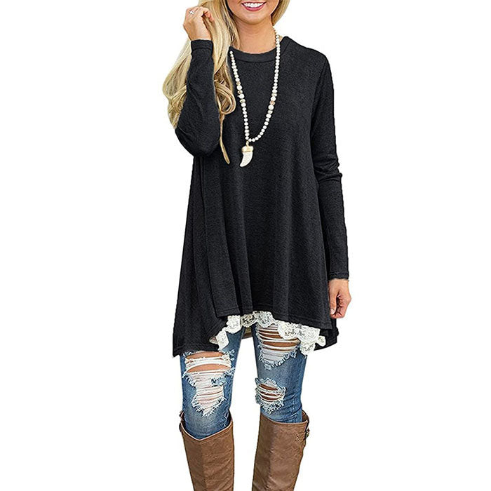 Beakey Women's Crew Neck Long Sleeve Lace Splicing Shirt Long Tunic Blouses-Black-1228