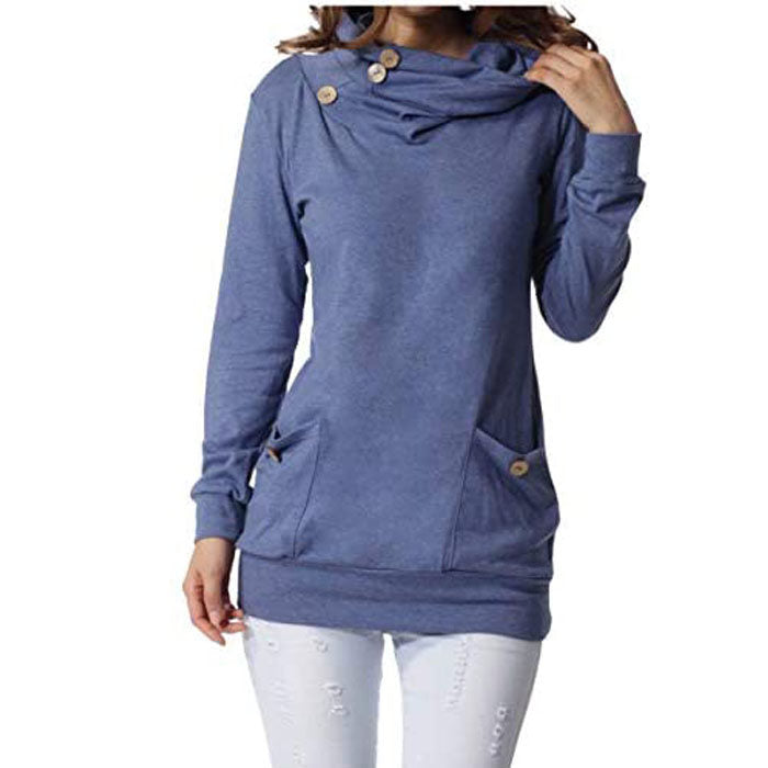 Beakey Womens Long Sleeve Buttons High Neck Casual Sweatshirts Tunic Tops With Pockets-Blue-T4554