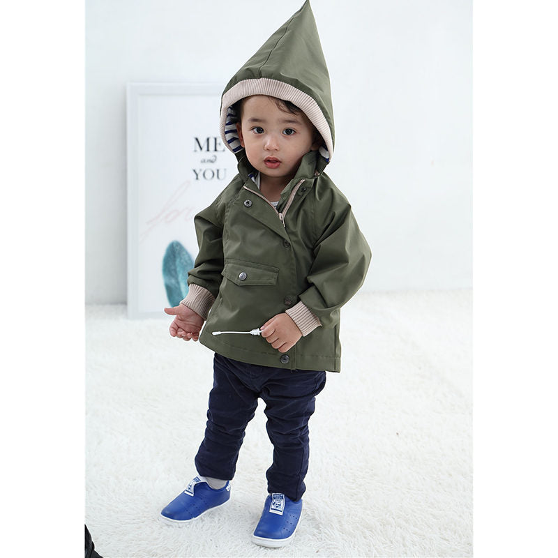 Beakey Kids Rain Jacket with Removable Hood Windproof for Spring Fall-Army Green