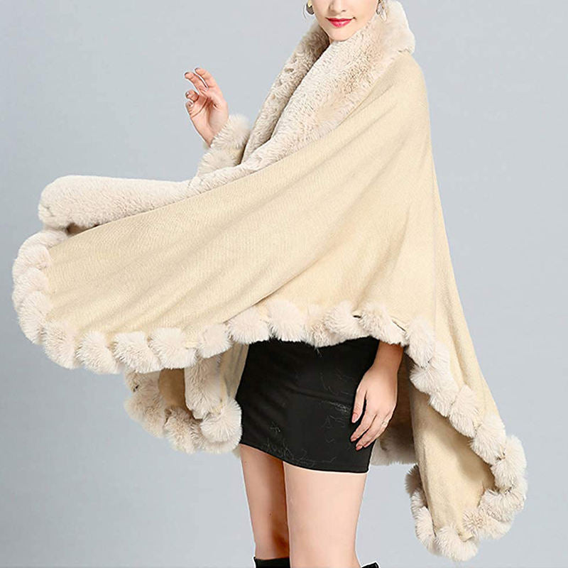 Beakey Womens Faux Fox Fur Trim Cardigan Shawl Oversized Cape-Beige