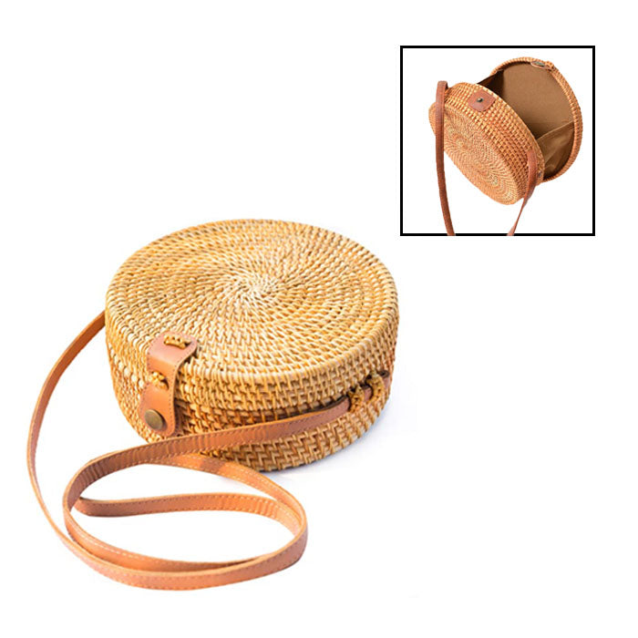Beakey Handwoven Round Rattan Natural Chic Bag Shoulder Leather Straps Summer Beach-Brown