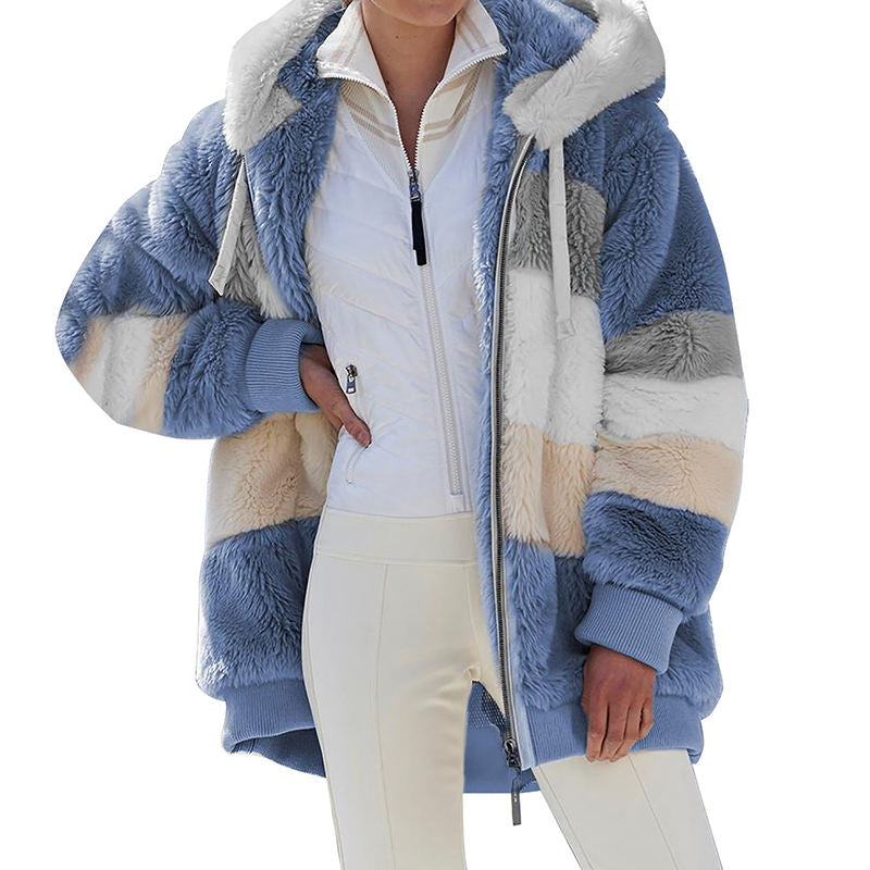 Beakey Womens Warm Coats Fuzzy Sherpa Hooded Jacket with Pockets-Blue