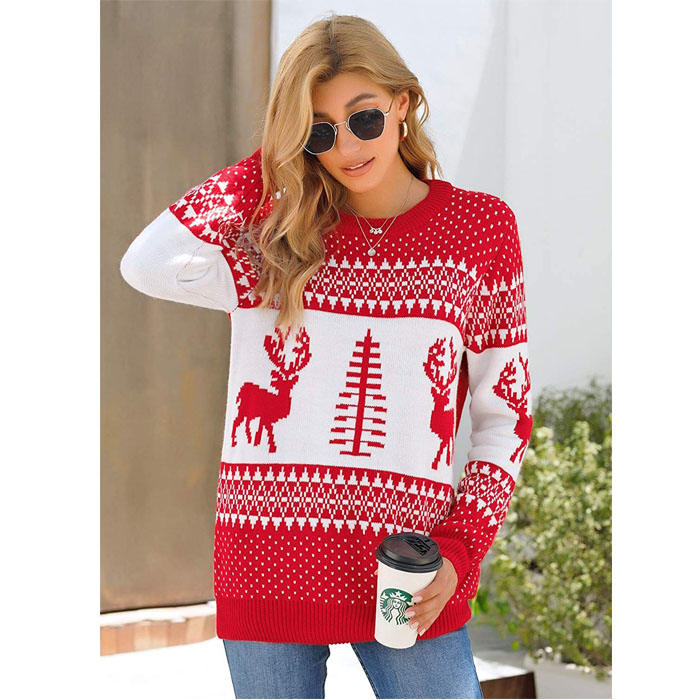 Beakey Women Long Sleeve Christmas Tree Reindeer Holiday Knit Sweater Pullover-Red-CFB0032