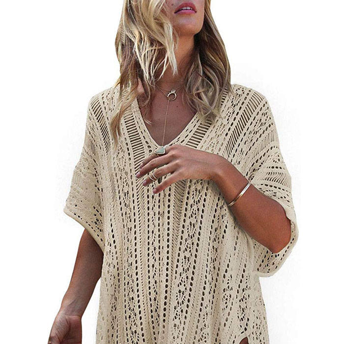Beakey Women's Swimsuit Beach Bikini Loose Blouse Knitted Blouse Stylish Beach Cover up-Apricot