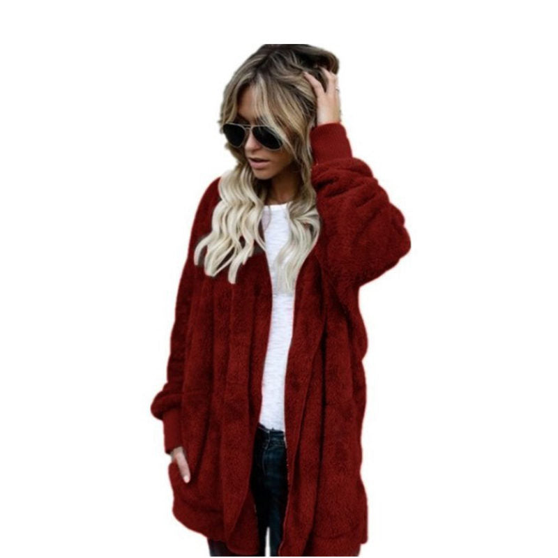 Beakey Womens Long Sleeve Fuzzy Fleece Jacket Hooded Cardigan Coat with Pockets-Red  Wine
