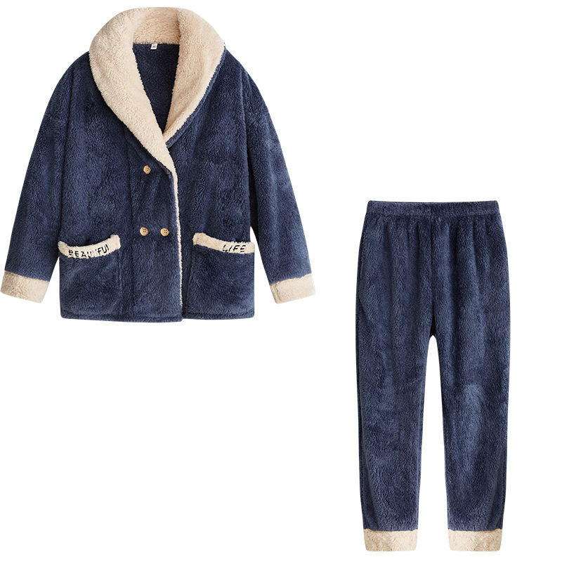Beakey Womens Plush Pajamas Cardigan Set Loungewear-Navy Blue