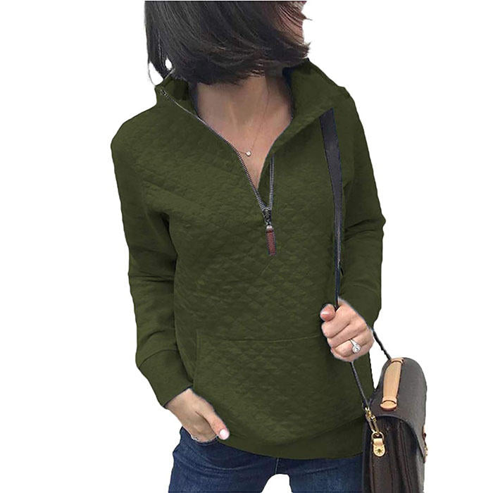 Beakey Women 1/4 Zipper Long Sleeve Plain Casual Sweatshirts Pullovers Shirts Tops-Army Green