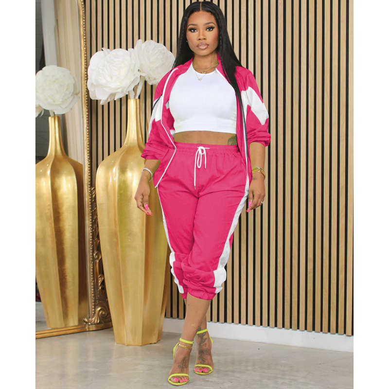 Beakey Womens Windbreaker Jacket Pants Colorblock Patchwork Tracksuit-Pink