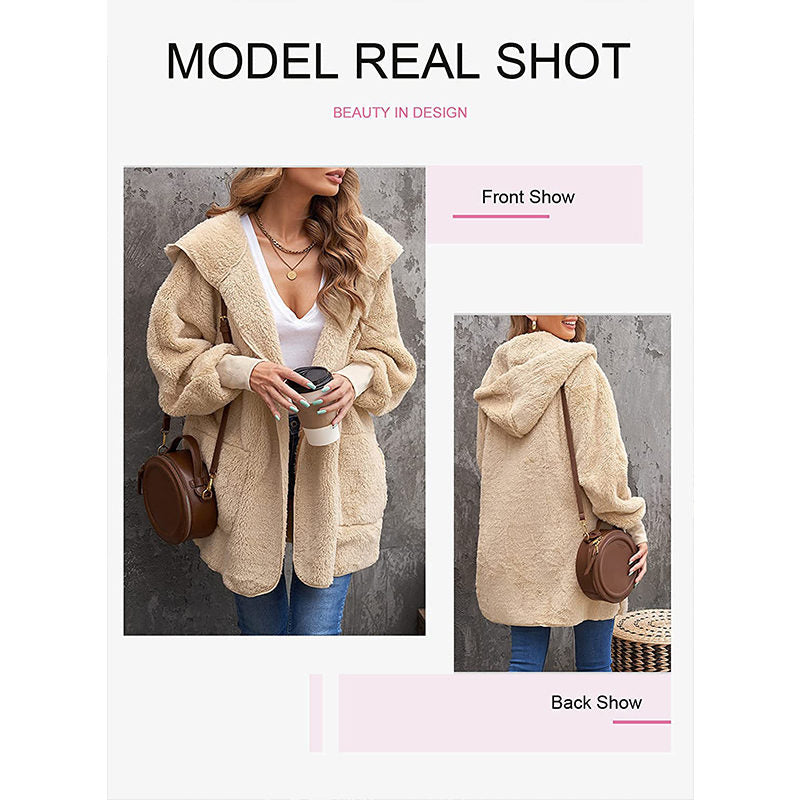 Beakey Womens Long Sleeve Fuzzy Fleece Jacket Hooded Cardigan Coat with Pockets-Apricot