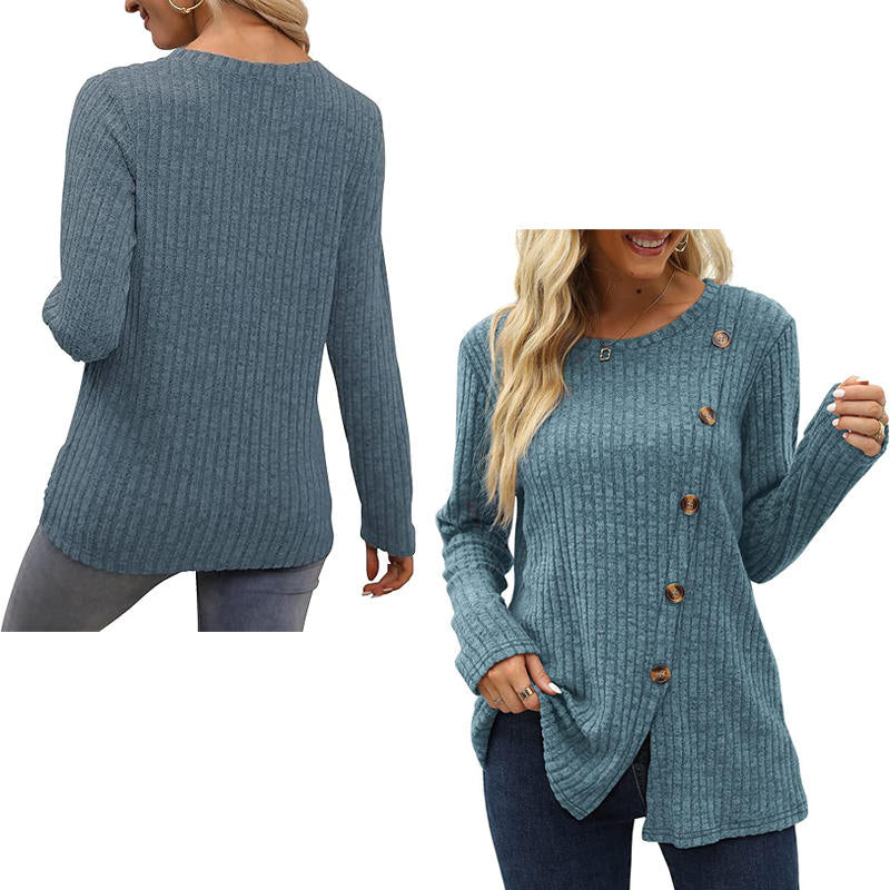 Beakey Long Sleeve Tops for Women Button Decor Loose Tunic Blouse-Blue
