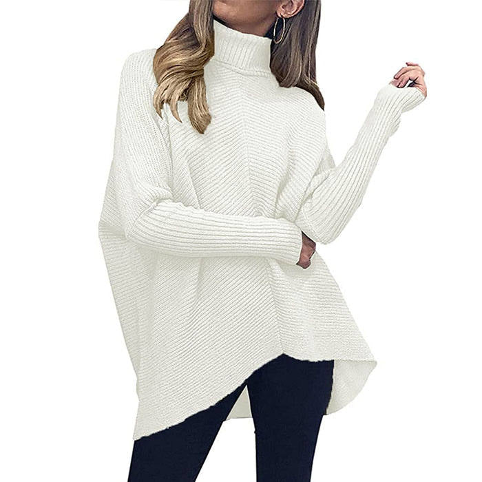 Beakey Womens Turtleneck Long Sweater Batwing Sleeve Asymmetric Hem Pullover Knit Tops-White-YY528