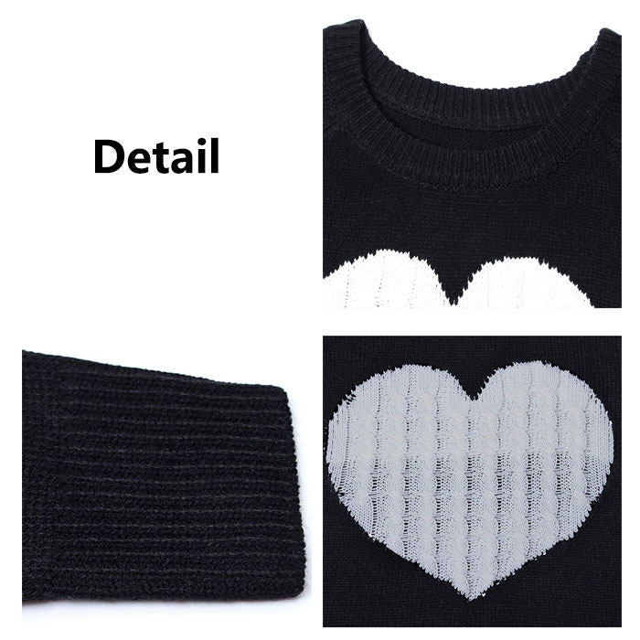 Beakey Women Cute Sweaters Heart Crewneck Long Sleeve Knitted Pullover Sweater-Black And White-118004