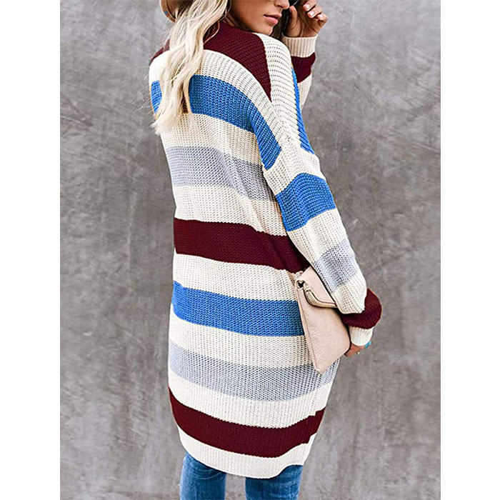 Beakey Women¡¯s Open Front Long Cardigan Strip Color Block Knit Fall Outwear Sweater-Blue-AL6014