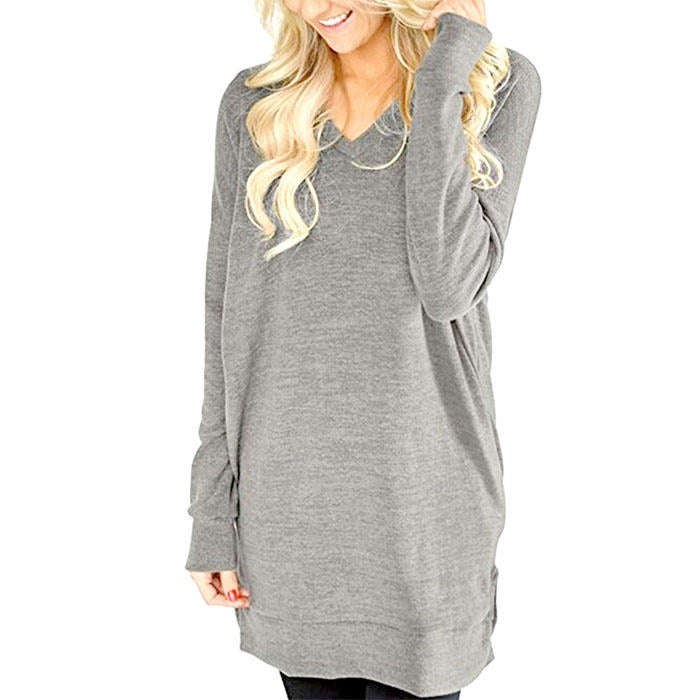 Beakey Womens Casual V Neck Long Sleeves Pocket Solid Color Sweatshirt Split Tops-Light Gray-W0083