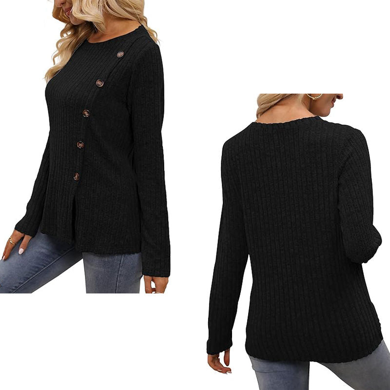 Beakey Long Sleeve Tops for Women Button Decor Loose Tunic Blouse-Black