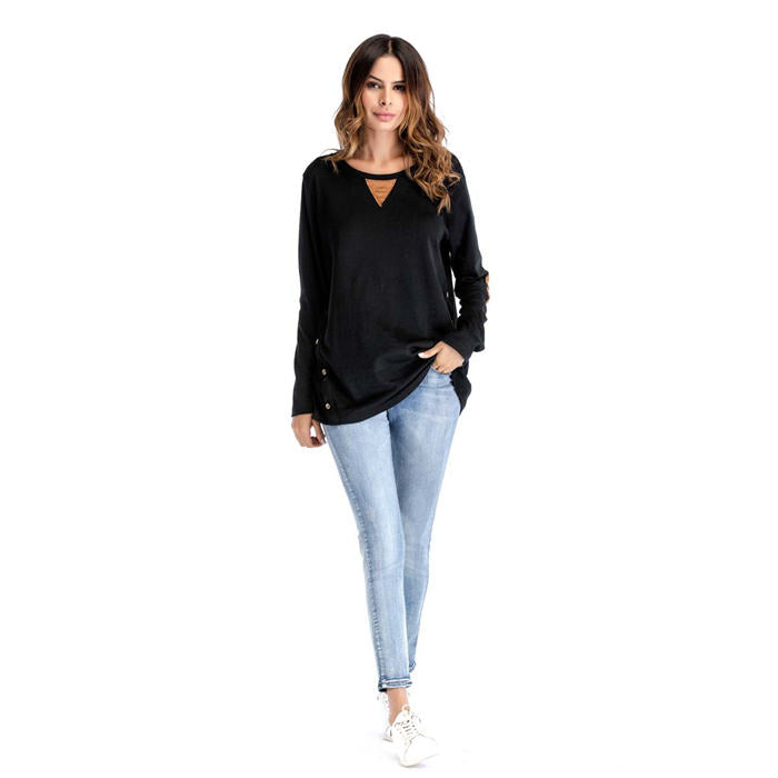 Beakey Women's Long Sleeve Double-breasted Buttons Casual Blouse Tunic Shirt Tops-Black-1025