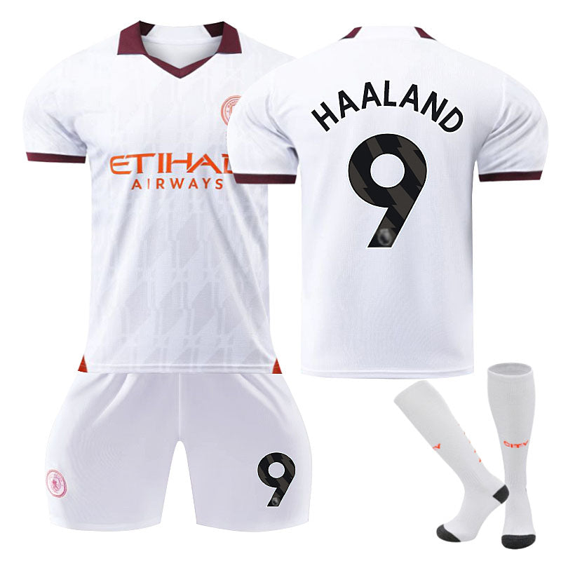 Beakey Manchester City Away Jersey HAALAND #9 Soccer Jersey Kids Adult 3Pcs Jersey Kits-White