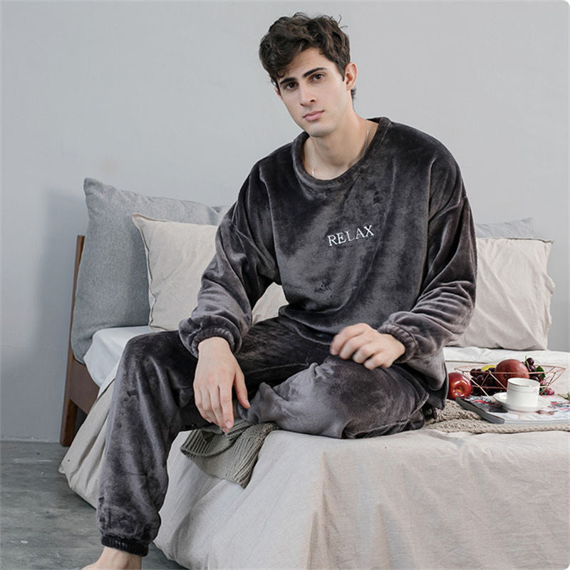 Beakey Crew Neck Flannel Pajamas Set for Women-Dark Grey