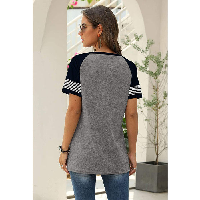 Beakey Womens T Shirts Round Neck Short Sleeve Striped Color Block Casual Tops-Gray-025