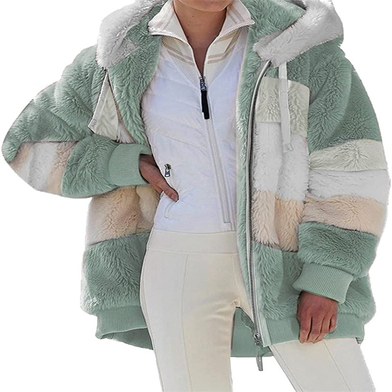 Beakey Womens Warm Plush Hooded Cardigan Full Zip Colorblock Jacket-Green