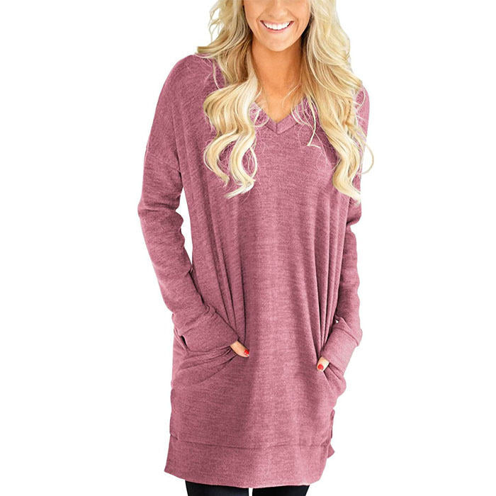 Beakey Womens Casual V Neck Long Sleeves Pocket Solid Color Sweatshirt Split Tops-Light Wine Red-W0083