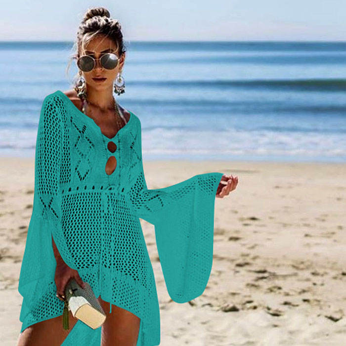 Beakey Women Beach Swimsuit for Women Flared Sleeves Coverups Bikini Loose Cover Up Net-Lake Green