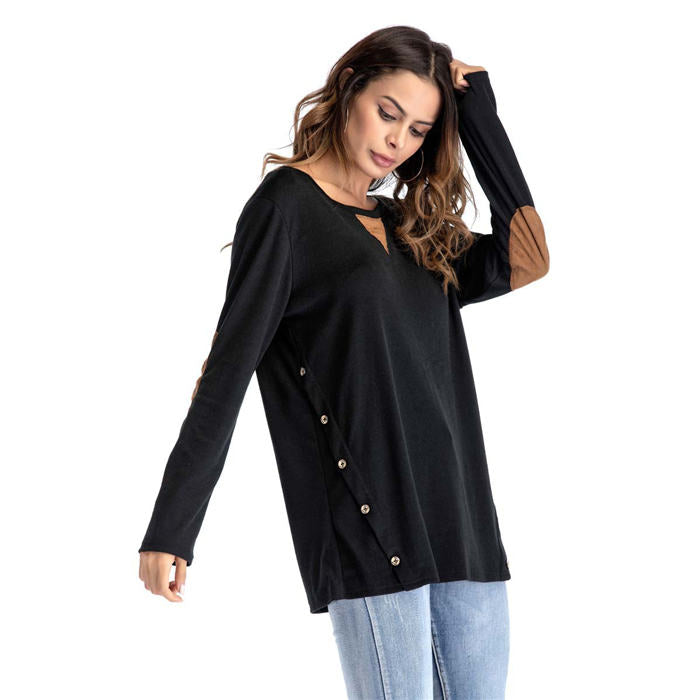 Beakey Women's Long Sleeve Double-breasted Buttons Casual Blouse Tunic Shirt Tops-Black-1025