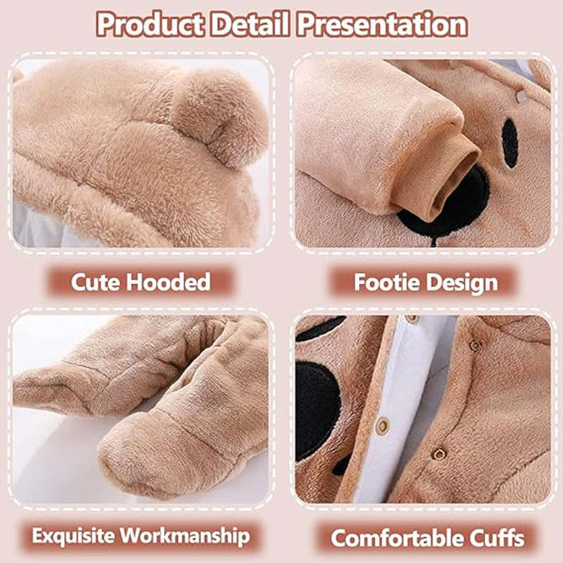 Beakey Cute Bear Hooded Snowsuit for Baby Button Footie Fleece Jumpsuit-Brown