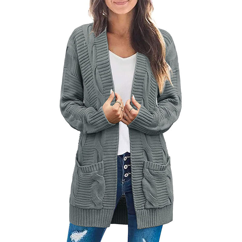 Beakey Womens Long Sleeve Cable Knit Cardigan Sweater Mid Length Coat-Grey