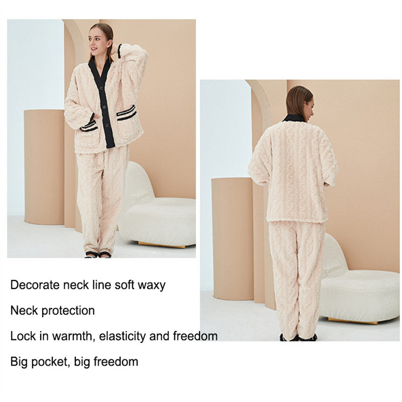 Beakey Women's Fleece Fashion Cardigan Pajama Set-Beige