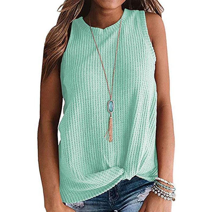 Beakey Womens Waffle Knit Vest Casual Blouse Sleeveless Twist Knot Tank Tops-Sky Blue-YT8829
