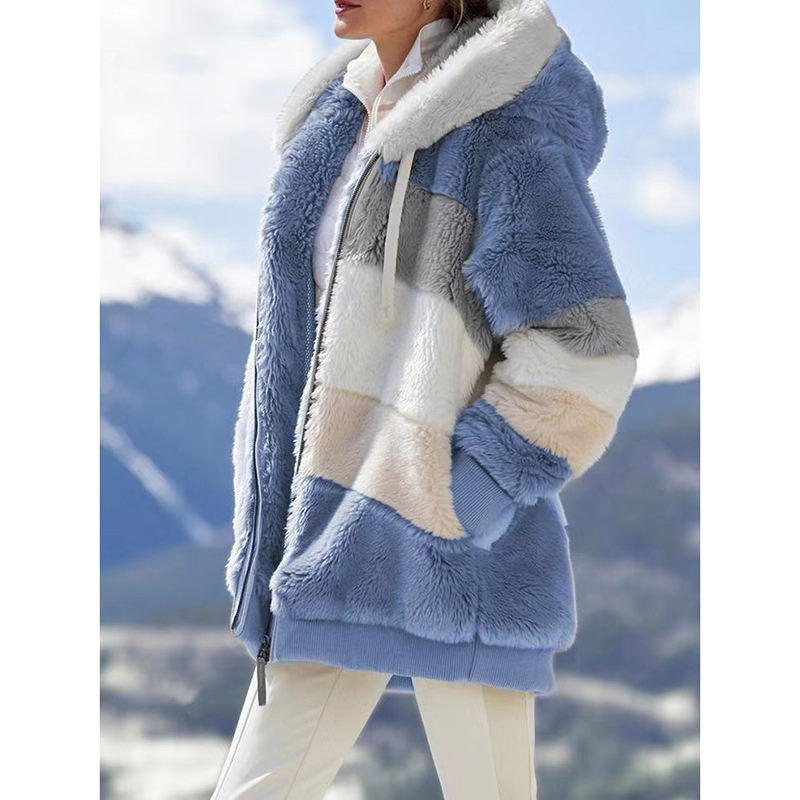 Beakey Womens Warm Coats Fuzzy Sherpa Hooded Jacket with Pockets-Blue