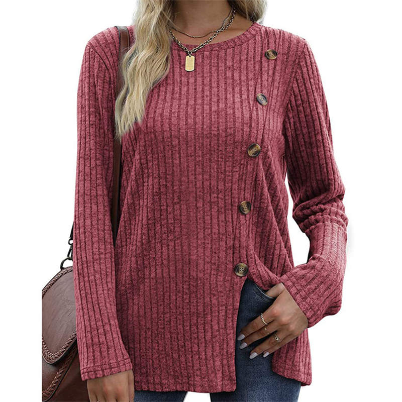 Beakey Long Sleeve Tops for Women Button Decor Loose Tunic Blouse-Wine Red