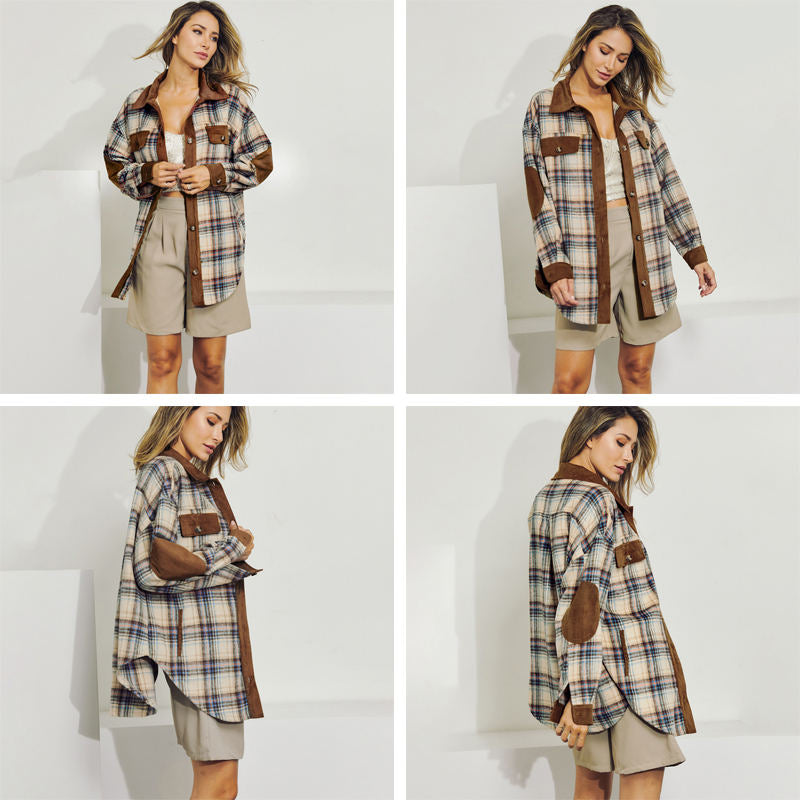 Beakey Womens Corduroy Jacket Plaid Contrast Color Long Sleeve Fall Coat