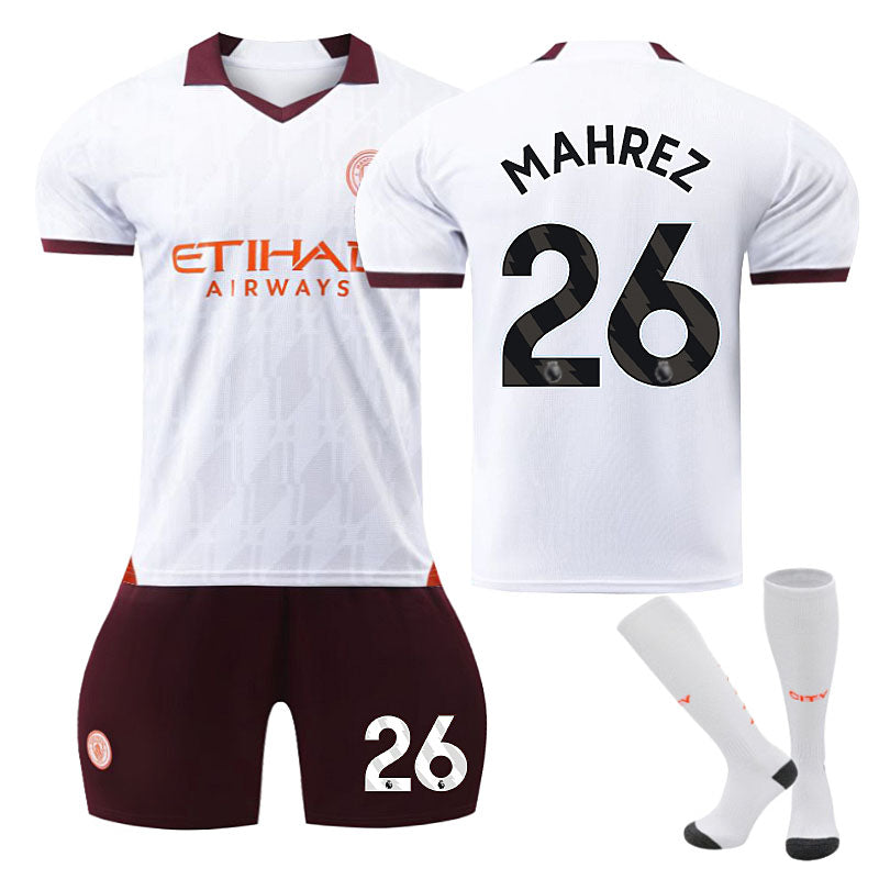 Beakey Manchester City Away Jersey MAHREZ #26 Soccer Jersey Kids Adult 3Pcs Jersey Kits-Brown