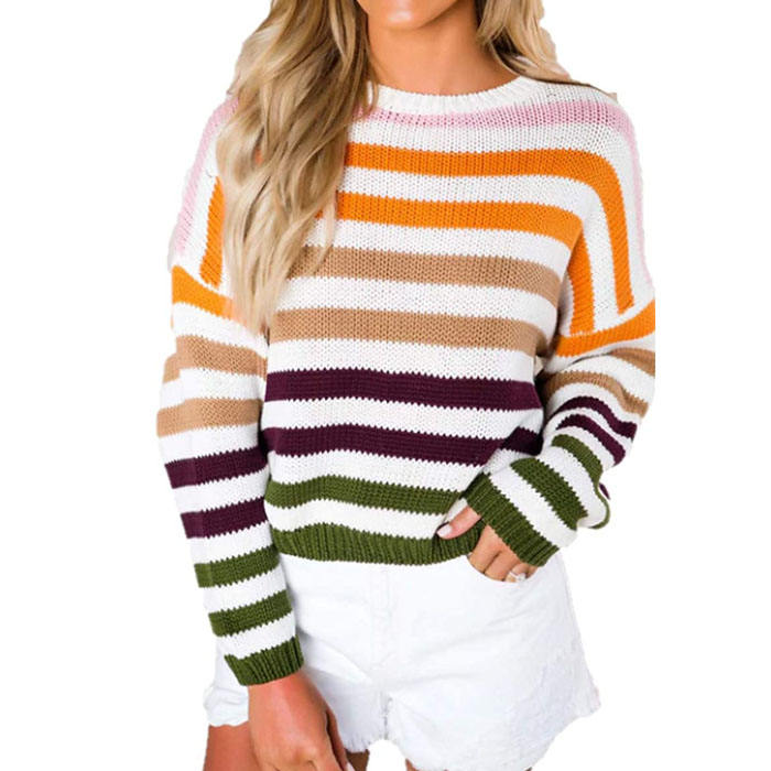 Beakey Women Sweaters Long Sleeve Crew Neck Striped Oversized Casual Knitted Tops-Army Green-F80134